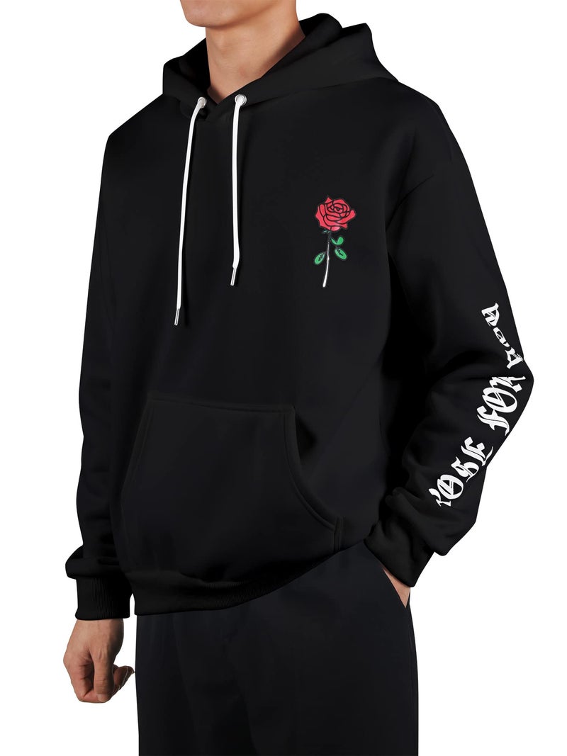 ZAFUL Men's Fleece Hoodie Unisex Rose Letter Print Hooded Pullover Kangaroo Pocket Sweatshirt Black M - Image 2